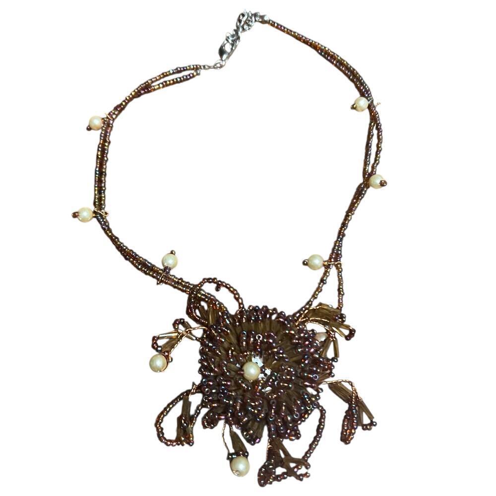 Vintage Brown Beaded Flower Necklace